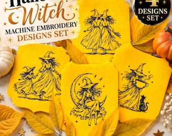 Halloween Witch Machine Embroidery Designs Set, 4 Witch Embroidery Patterns Spooky Season Embroidery Bundle, Witch Girl Digital Download PES