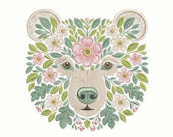 Flower Bear Embroidery Design, Intricate Animal Embroidery design - Unique Nature-Themed Machine Embroidery Pattern - Instant Download PES