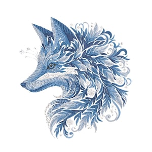 WINTERVOS — Borduurpatroon voor de machine (PES), blauw wintervos borduurpatroon, sierlijk vorstvospatroon, winterdieren borduurbestand