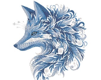 WINTER FOX — Machine Embroidery Design PES, Blue Winter Fox Embroidery Design, Ornamental Frost Fox Pattern, Winter Animal Embroidery File