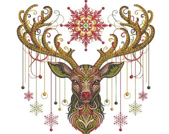 Christmas Deer Embroidery Design, Winter Reindeer Embroidery Pattern, Royal Stag Embroidery, Majestic Stag Antlers Ornamen, Deer Art Nouveau