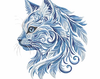 Winter Cat Embroidery Design, Blue Cat Machine Embroidery, Snow Cat Pattern, Animal Embroidery File, Winter Animal Design, Cat PES, DST, JEF