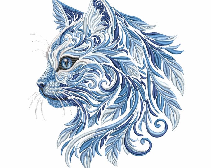 Featured listing image: Winter Cat Embroidery Design, Blue Cat Machine Embroidery, Snow Cat Pattern, Animal Embroidery File, Winter Animal Design, Cat PES, DST, JEF