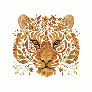 Herbst Tiger Stickerei, Elegantes Blumen Tiger Design, Herbst Stickerei PES, Perfekt für Herbst Projekte, Blumen Tiger Muster, Tiger PES Datei