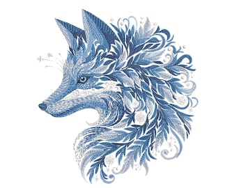 WINTER FOX — Machine Embroidery Design PES, Blue Winter Fox Embroidery Design, Ornamental Frost Fox Pattern, Winter Animal Embroidery File