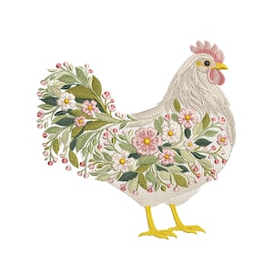 May include: An embroidered design of a hen, adorned with floral and leaf patterns. The hen is primarily white, with pink, green, and yellow accents. The floral details include pink blossoms and white flowers, creating a decorative and detailed image.
