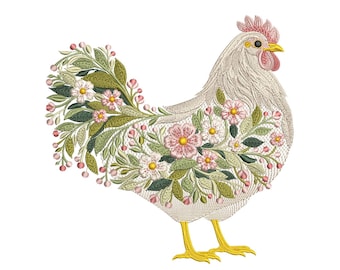 Spring Floral Chicken Machine Embroidery Design, Farmhouse Hen Embroidery File, Rustic Country Floral Chicken, Chicken PES, DST, JEF File