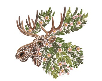 Floral Moose Head Machine Embroidery Design, Moose Flower Antlers Pattern DST, Wildlife Embroidery, Nature Embroidery, Woodland Wall Art PES