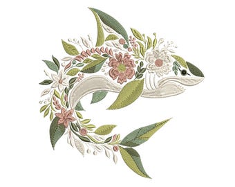 Floral Shark Embroidery Design – Elegant Fish Machine Embroidery Pattern, Embroidery For Fishermen, Ocean Embroidery, Summer Embroidery PES