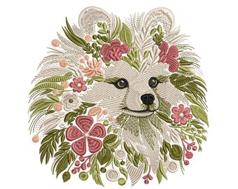 Pomeranian Dog Machine Embroidery Design, Floral Spitz Embroidery, Animal Pattern, Pomeranian Pattern PES, Digital Download 4x4 Hoop 6 sizes