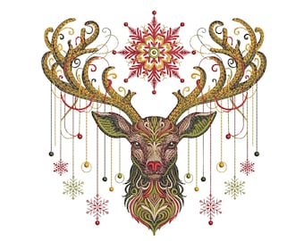 Christmas Deer Embroidery Design, Winter Reindeer Embroidery Pattern, Royal Stag Embroidery, Majestic Stag Antlers Ornamen, Deer Art Nouveau