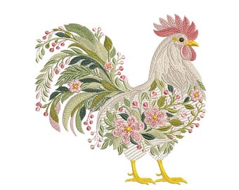 Floral Rooster Machine Embroidery Design, Rooster Pattern Spring Cottagecore Style PES, Cockerel Embroidery for Farmhouse Decor, Rooster DST