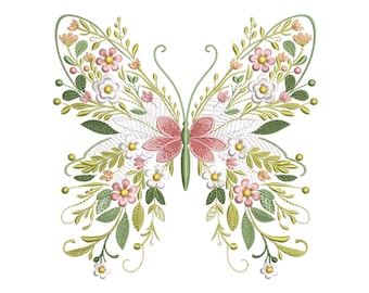 Floral Butterfly Machine Embroidery Design: Nature Garden Pattern, Butterfly Embroidery Pattern, Summer Embroidery, Instant Download PES DST