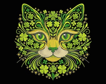 Lucky Clover Cat Embroidery Design Floral Green Cat Face Machine Embroidery Pattern St Patrick Ornament Digital File, Cat PES DST JEF VP3