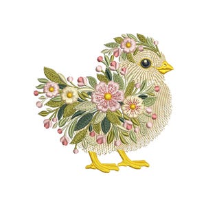 May include: An embroidered design of a chick adorned with flowers and leaves. The chick is light beige with a yellow beak and feet. The flowers are pink and white, and the leaves are green. The design is on a white background.