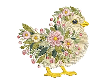 Spring Floral Chick Embroidery Design, Easter Chicken Machine Embroidery, Pattern Farm Bird Flowers Instant Download, Chick PES, DST, JEF