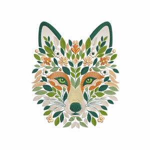 Floral Fox Embroidery Design, Botanical Fox Head Machine Embroidery File, Woodland Animal, Flower Fox Pattern PES DST, Nature Embroidery Art