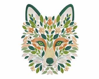 Floral Fox Embroidery Design, Botanical Fox Head Machine Embroidery File, Woodland Animal, Flower Fox Pattern PES DST, Nature Embroidery Art