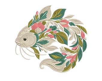 Floral Catfish Embroidery Design – Botanical Machine Embroidery File – Fish Embroidery, Embroidery Fisherman, Fish PES DST, Instant Download