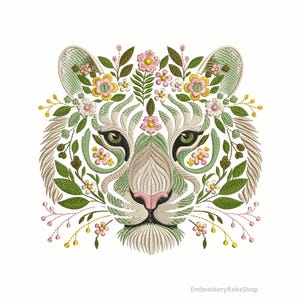 Motif de broderie floral tigre – broderie machine, tigre de la jungle avec feuilles de fleurs, téléchargement immédiat pour décoration de vêtements, motif tigre PES