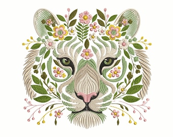 Floral Tiger Embroidery Design – Machine Embroidery, Jungle Tiger with Leaves Flowers, Instant Download for Apparel Decor, Tiger Pattern PES