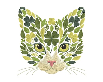 Clover Cat Embroidery Design – Floral Cat Face Machine Embroidery Pattern – St Patricks Day Cat, Lucky Clover Cat Embroidery Download PES