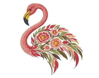 Flamingo Embroidery Design PES, Floral Bird Machine Embroidery File, Tropical Bird Pattern, Instant Download Hoop 4x4, Summer Embroidery