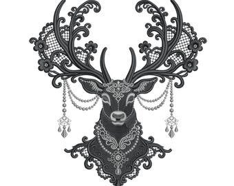 Baroque Gothic Deer Machine Embroidery Design, Stag with Lace Beads, 4х4 Hoop, Digital Download for Clothing Home Decor Gifts, Dark Academia