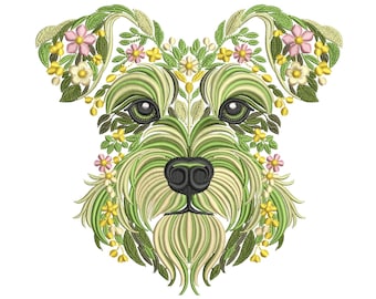 Schnauzer Embroidery Design, Floral Dog Machine Embroidery File, Pet Embroidery, Modern Pet Dog Portrait Instant Download, Dog Pattern PES