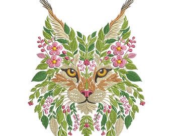 Floral Lynx Embroidery Design, Wild Big Cat Embroidery, Nature-Inspired Lynx - Machine Embroidery Art, Lynx PES DST JEF Instant Digital File