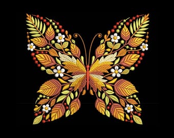 Autumn Butterfly Machine Embroidery Design PES, Floral Leaves Botanical Insect Pattern Fall Nature Decor Instant Download, Wings Embroidery
