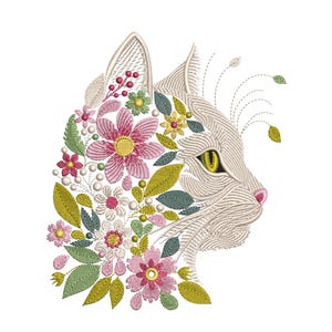 Disegno per ricamo a macchina di un gatto con fiori: animale con foglie pastello, schema di ricamo di un gatto in formato PES, file digitale scaricabile per gli amanti degli animali domestici.