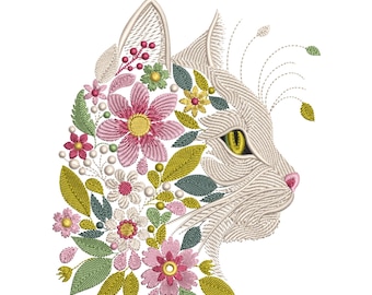 Floral Cat Machine Embroidery Design: Pastel Leaf Animal, Cat Embroidery Pattern PES, Digital Download File For Pet Lovers