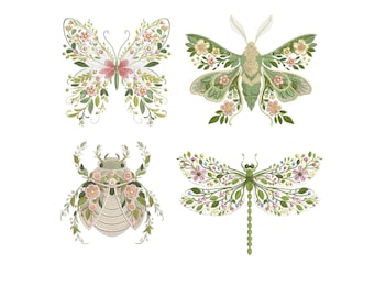 Floral Insect Embroidery Design Bundle, Butterfly Dragonfly Moth Scarab Embroidery Files, Botanical Machine Embroidery Set PES DST JEF VP3