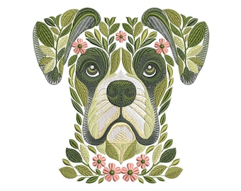 Boxer Dog Embroidery Design, Floral Pet Embroidery File, Machine Embroidery Dog Head Design Instant Download, Boxer Pattern 4x4 Hoop PES DST