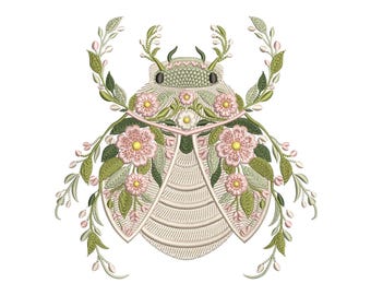 Floral Scarab Beetle Embroidery Design – Botanical Bug Machine Embroidery Pattern – Nature Flower Beetle – Garden Insect Embroidery File PES