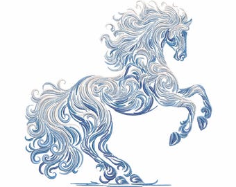 Winter Horse Embroidery Design PES DST JEF - Chinese Zodiac Horse 2026, Ice Blue Elegant Machine Embroidery File, Christmas New Year Decor