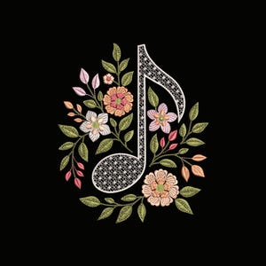 Elegante ricamo floreale con note musicali, motivo per ricamo con note musicali, idea regalo musicale, ricamo boho, note PES, download immediato