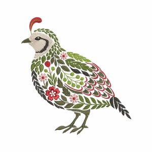 Floral Quail Machine Embroidery Design PES, California Quail Pattern PES, Embroidery of Farm Birds, Botanical Bird Embroidery DST jef vp3