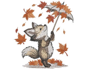 Fox with Umbrella Embroidery Design, Autumn Leaves Fall Machine Embroidery Pattern, Fox Pattern PES, Animal Embroidery Download DST PES Jef