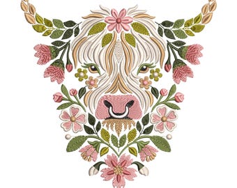 Highland Cow Embroidery Design – Floral Farm Animal Pattern for Machine Embroidery – Perfect for Projects, Gifts, and More! Instant Download