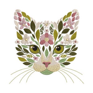Bloemen kat machineborduurontwerp: schattig dierengezicht voor sweatshirts en T-shirts, kattenpatroon, huisdierborduurwerk, dierenborduurwerk bloemen PES