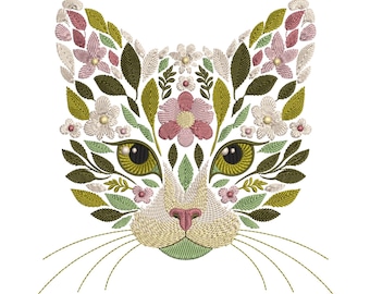 Floral Cat Machine Embroidery Design: Cute Animal Face for Sweatshirts & T-shirts, Cat Pattern, Pet Embroidery, Floral Animal Embroidery PES