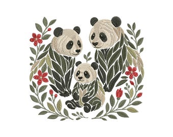 Panda Family Embroidery Design, Adorable Mother, Father & Baby Panda with Flowers, Perfect for T-Shirts and Personalized Gifts PES 4 x4 hoop