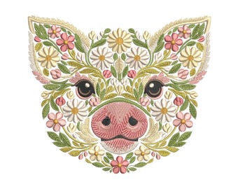 Floral Pig Machine Embroidery Design – Elegant Embroidery for Fabric, Home Décor & More, Сottagecore Embroidery, Farm Animal Embroidery PES