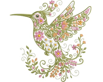 Floral Hummingbird Machine Embroidery Design, Pastel Flowers, Instant Download (4x4 Hoop)