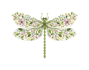 Floral Dragonfly Machine Embroidery Design, Botanical Dragonfly Embroidery File PES DST, Garden Insect Embroidery Pattern, Nature Embroidery