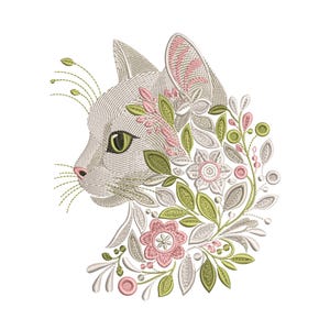 Diseño de bordado de cabeza de gato adorable – Bordado a máquina de perfil de gato floral – Descarga digital instantánea, patrón de gato, obra de arte única de mascota, PES de gato
