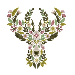 Floral Deer Embroidery Design, Deer Machine Embroidery Design, Deer Pattern, Reindeer Embroidery Design, Animal Embroidery File, Leaf Pastel