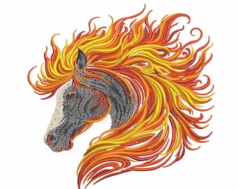 Horse Head Machine Embroidery Design – Flame Mane Stallion Embroidery Pattern, Fire Horse Embroidery PES, DST, JEF, Western Embroidery